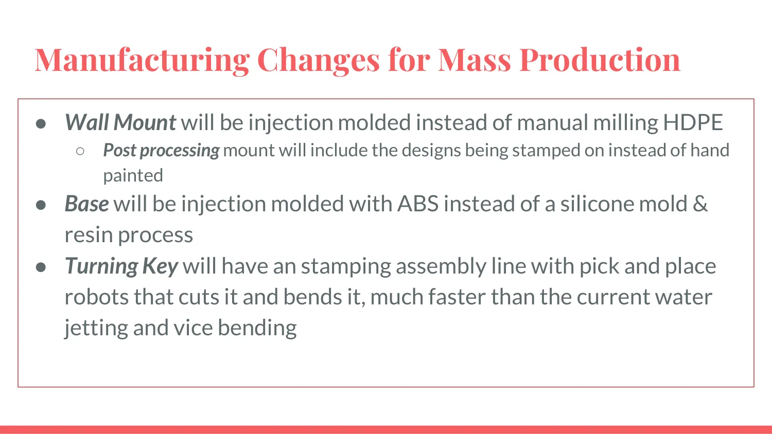 Slide listing mass-production changes: injection-molded mount and base, stamped-on art, and a robot stamping line for the key.