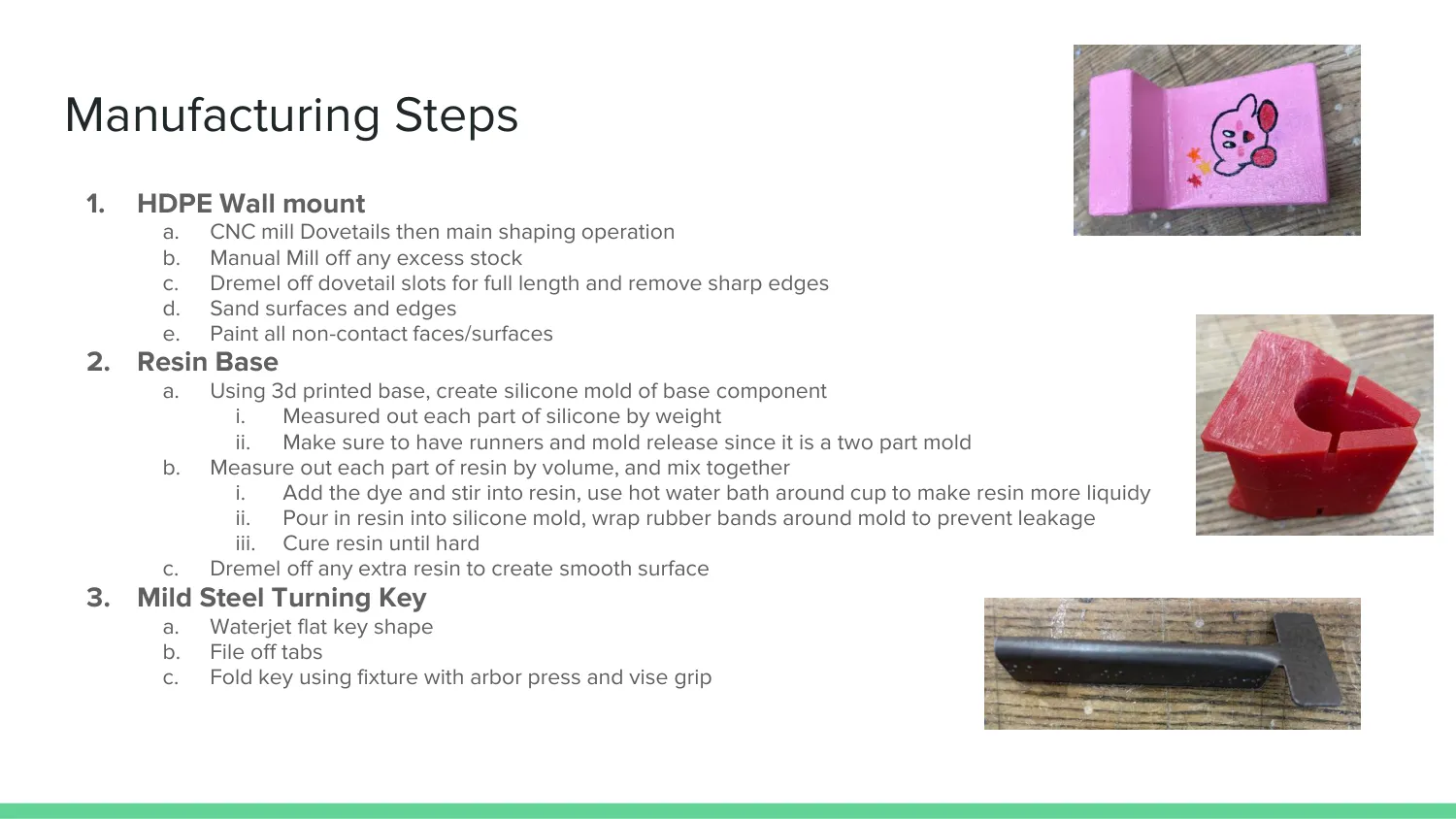 Slide listing PVT manufacturing steps for the milled mount, resin-cast base, and folded steel key, with part photos.