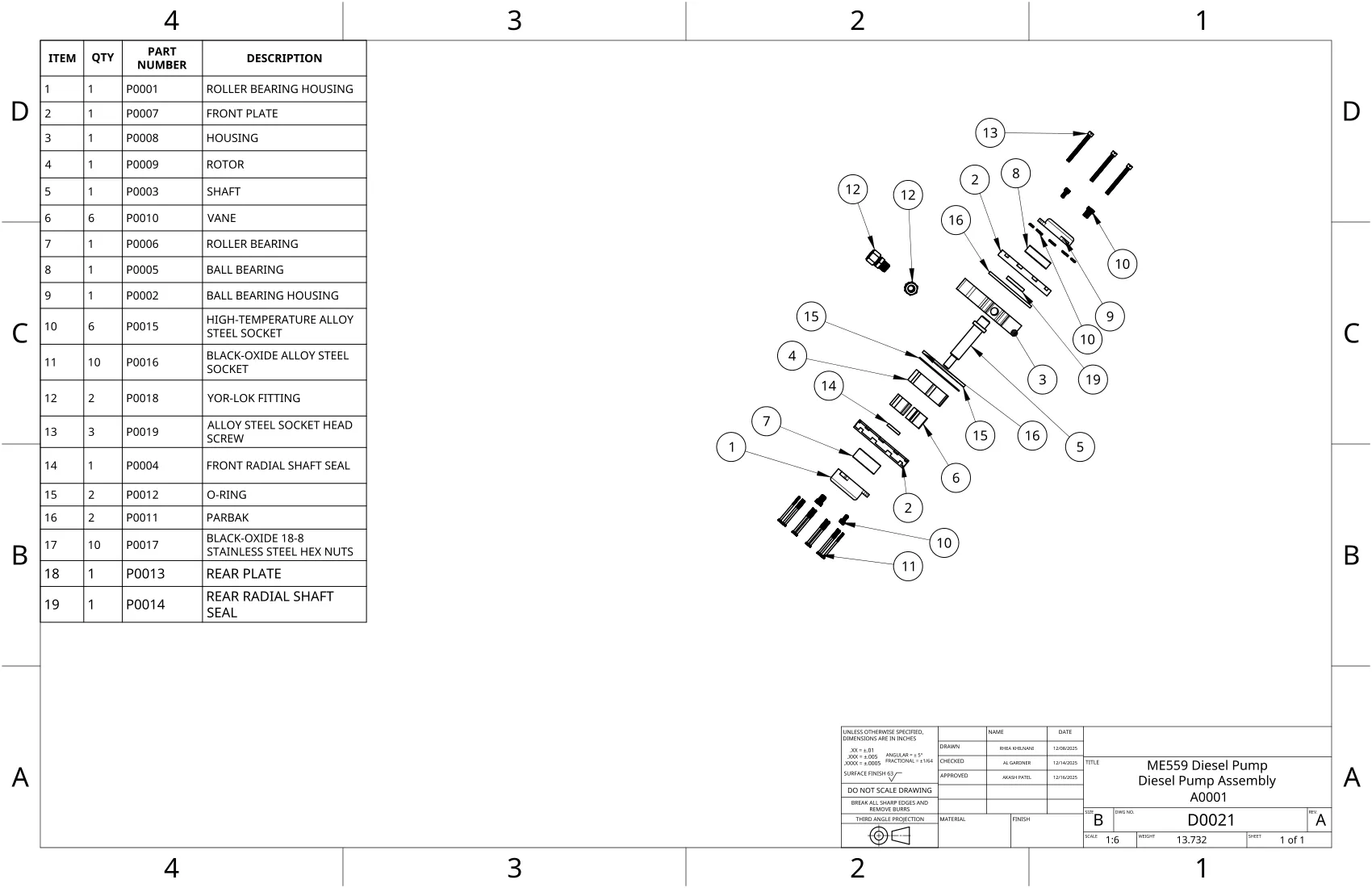 Exploded assembly drawing D0021: numbered balloons over the parts spread, 19-item BOM table, weight 13.732 lb, Rev A.