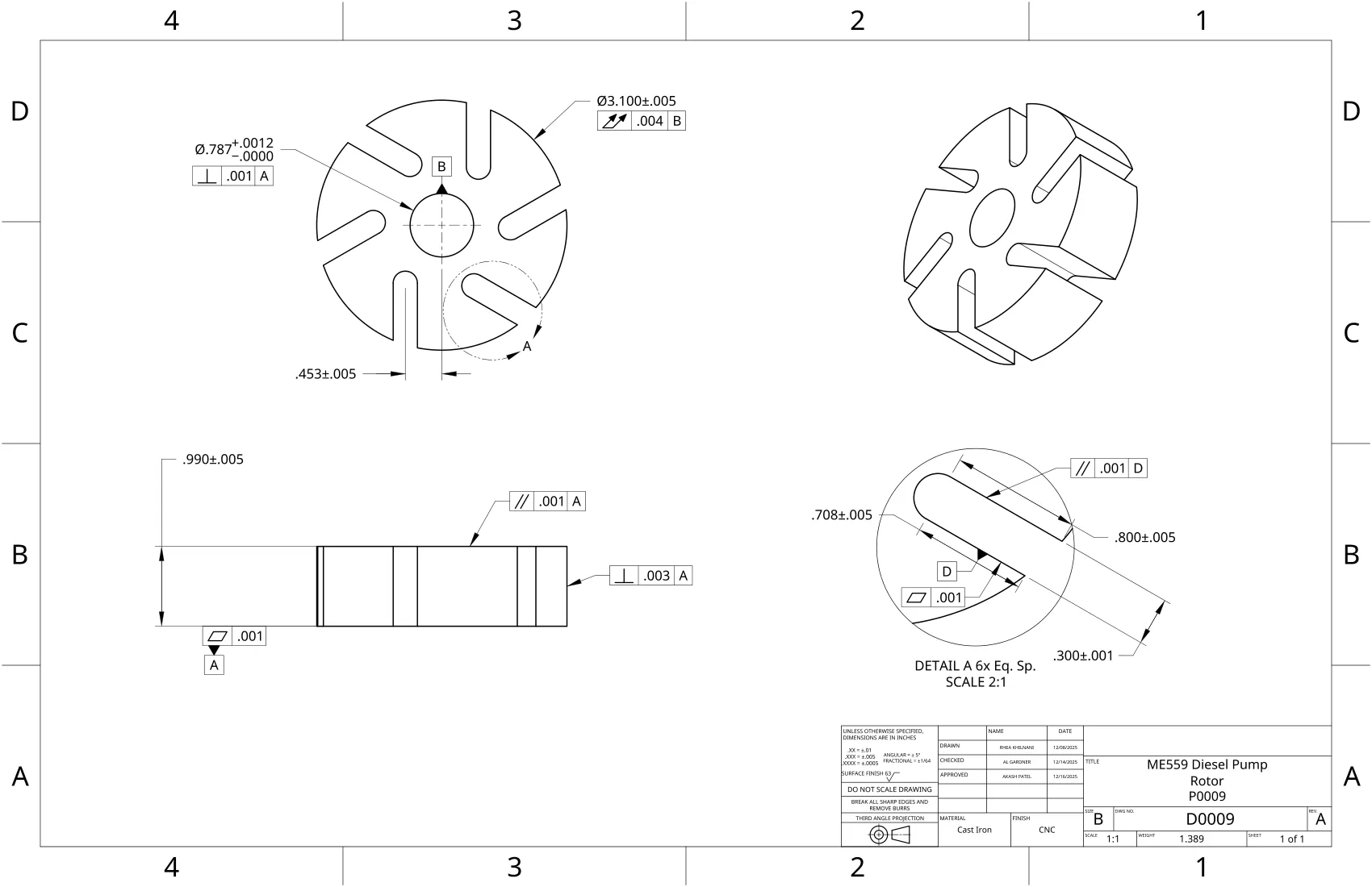 B-size Rev A rotor drawing D0009: six slanted slots, circular runout .004 to B on the 3.100 OD, signed title block.
