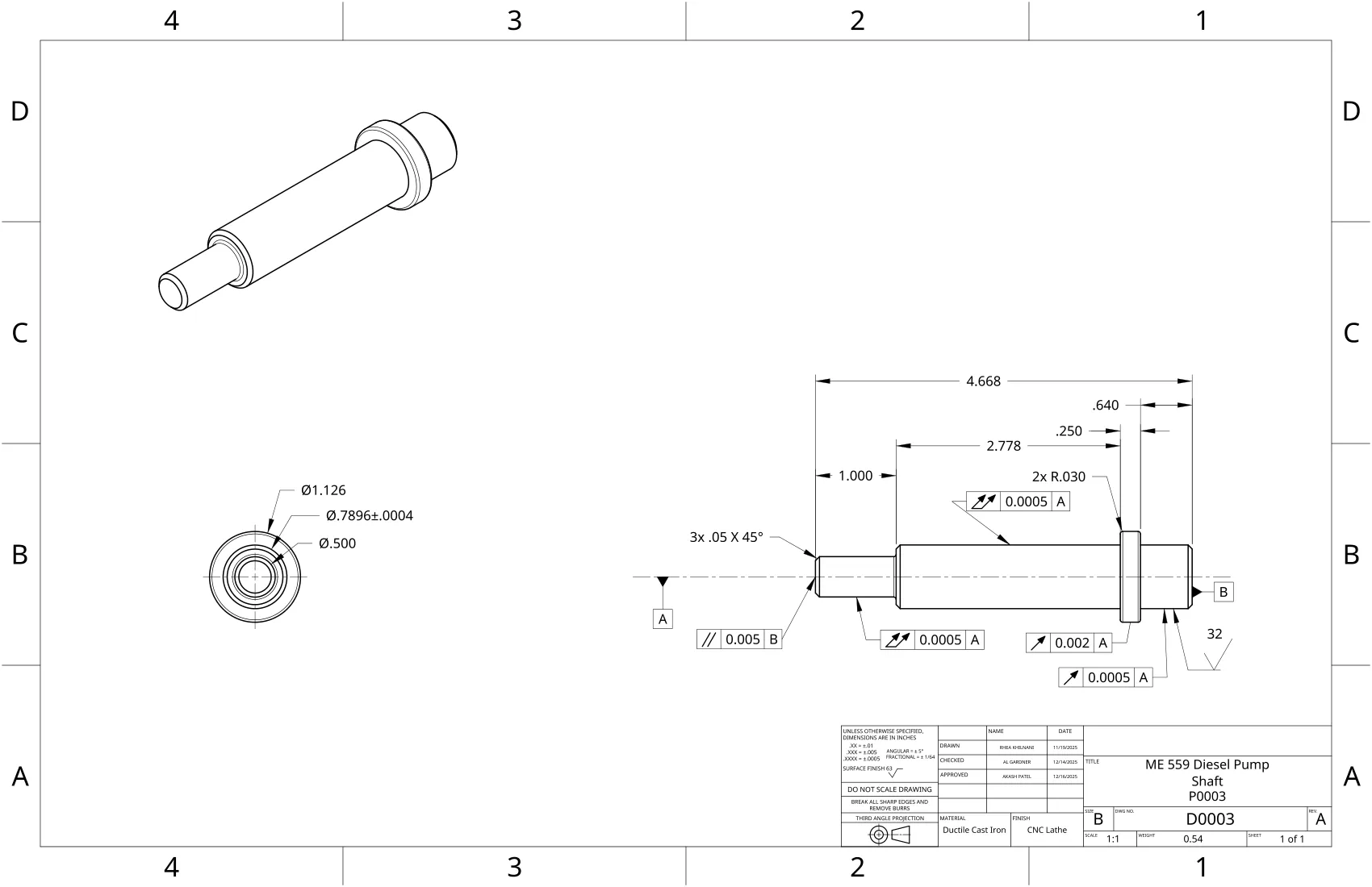 Shaft drawing D0003: ductile cast iron lathe part, journal .7896 with .0005 runout to datum A, shoulder and chamfers.