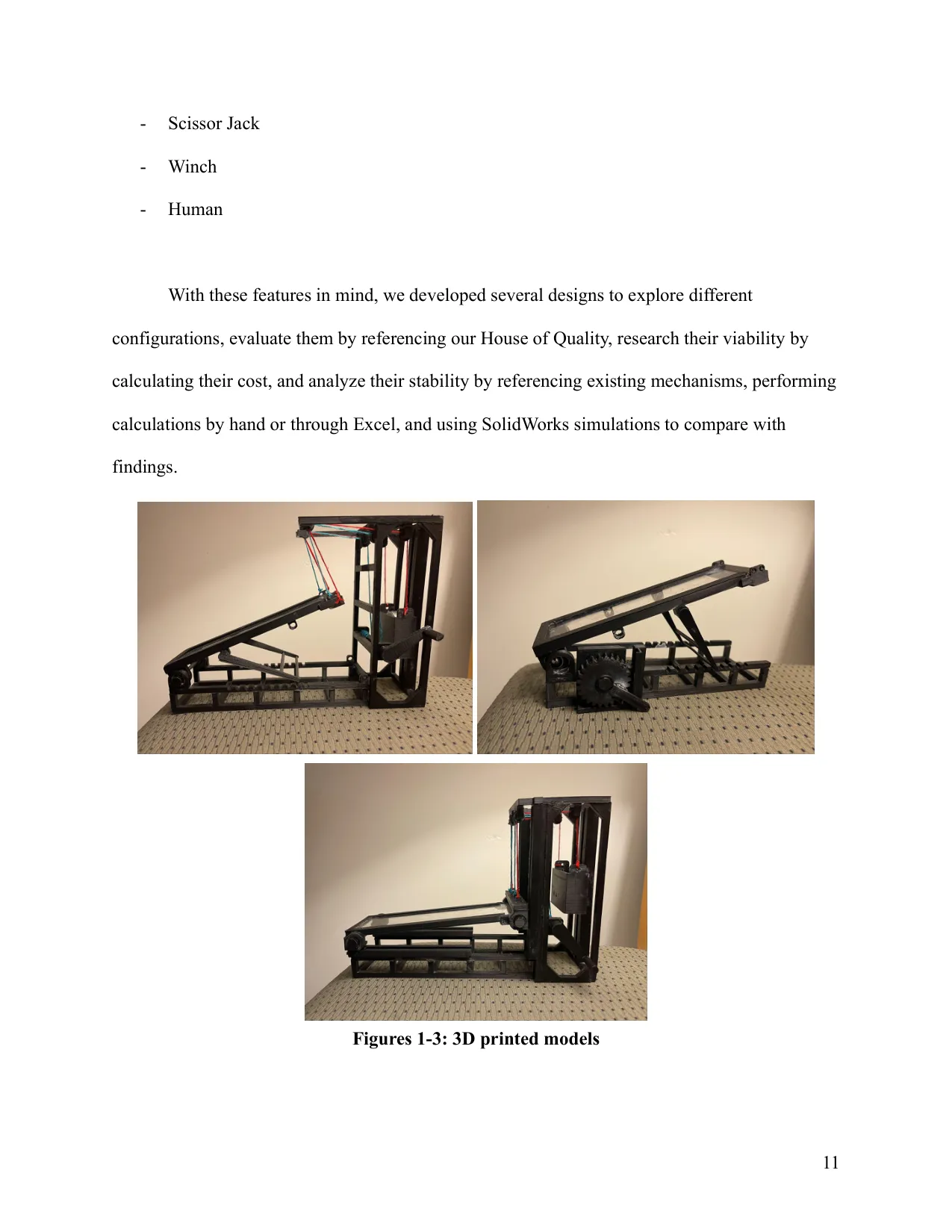 Report page with three photos of black hand-sized 3D-printed ramp models showing pulley strings and a crank gear.