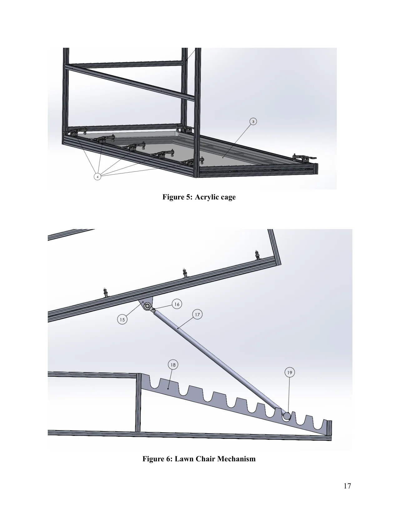 CAD figures of the acrylic cage with toggle clamps and the lawn-chair indexing mechanism with grooved steel teeth.